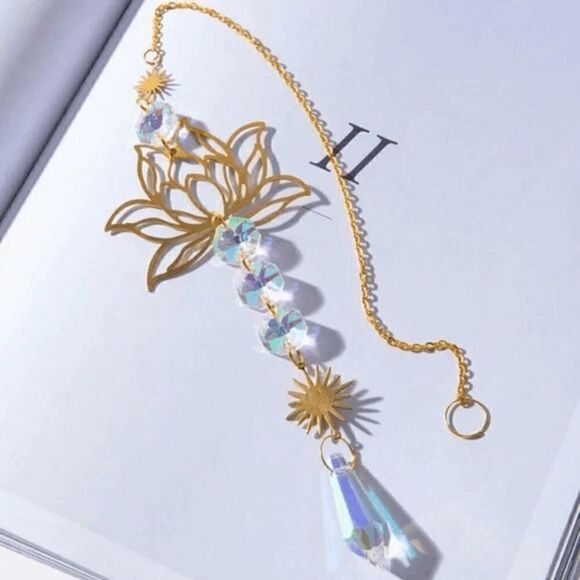Golden Sun And Lotus Flower Crystal Hanging Sun Catcher - Picture 7 of 8